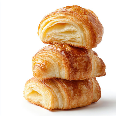 A tempting display of freshly baked croissants stacked high, showcasing their golden flaky layers. Perfect for breakfast or a delightful snack, this image captures the warmth and indulgence of a gourmet bakery treat.の素材