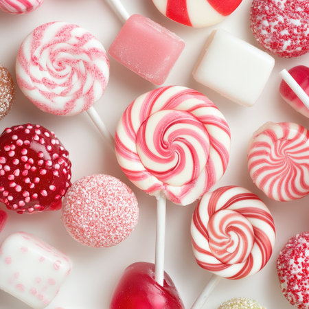 A vibrant collection of assorted candies featuring lollipops and sugar treats on a white background perfect for festive occasions and celebrations.の素材