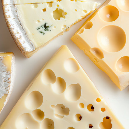 An enticing arrangement of various cheeses displayed on a white background, showcasing diverse textures and styles, ideal for culinary inspiration.の素材