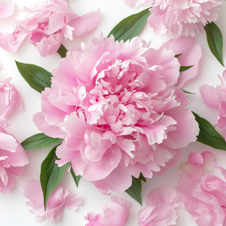 A stunning collection of soft pink peony flowers with lush petals and vibrant green leaves beautifully arranged against a clean white background.の素材
