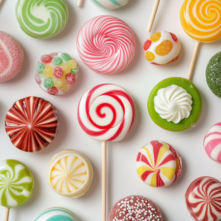 A vibrant assortment of colorful candies and lollipops artistically arranged on a white background, perfect for dessert inspiration and sweet treats.の素材