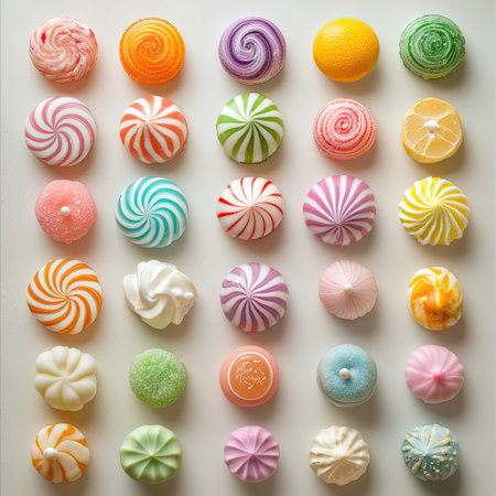 A vibrant display of gourmet sweets showcasing an array of colors and shapes. Each piece features unique patterns, inviting viewers to indulge visually.の素材