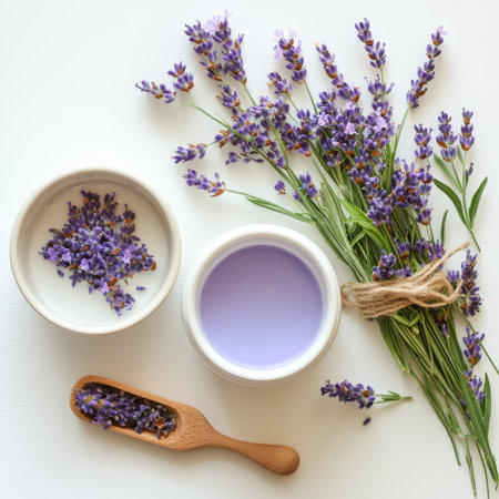 A serene arrangement of fresh lavender flowers, dried buds, and soothing lavender-infused liquid, ideal for wellness and aromatherapy purposes.の素材
