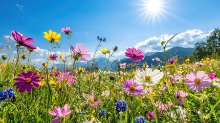 A stunning scene of vibrant wildflowers blooming in a lush green meadow, illuminated by a brilliant sunny sky. Perfect for nature lovers!の素材