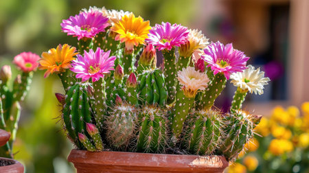 A sunny image of vibrant cacti adorned with colorful flowers blooming in a decorative pot, showcasing the beauty of nature in a serene garden atmosphere.の素材
