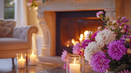 A cozy living room scene showcasing a warm fireplace, delicate flower arrangement, and soft candlelight, creating a welcoming and serene atmosphere.の素材