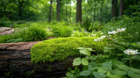 This image captures a serene forest scene featuring a fallen log covered in vibrant green moss with wildflowers, showcasing the rich biodiversity of nature.の素材