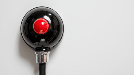 This image features a vintage-style black bell with a striking red button, ideal for alerting attention in various settings. The minimalistic design enhances its versatility.の素材