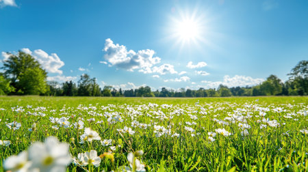 A beautiful meadow filled with wildflowers under radiant sunlight showcases a serene landscape. The clear blue sky overhead and scattered clouds add to the picturesque charm of nature's elegance.の素材