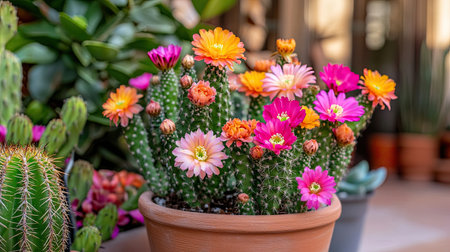 A stunning display of colorful cacti adorned with bright, blooming flowers creates a cheerful and vibrant atmosphere in any garden or home setting.の素材