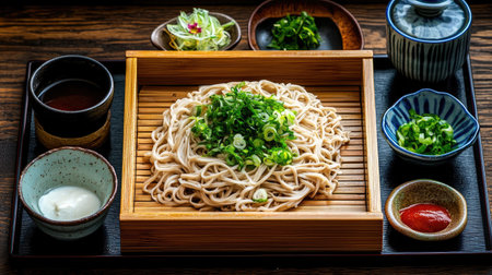 Experience an artfully arranged plate of cold noodles garnished with fresh green onions, complemented by an array of vibrant side dishes and sauces.の素材