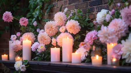 A serene display featuring a harmonious blend of pink and white flowers arranged alongside softly glowing candles, creating a warm and inviting atmosphere against a rustic brick backdrop.の素材