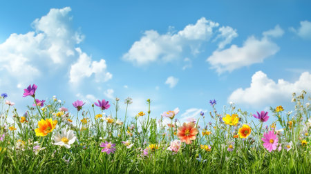 Experience the beauty of a lively wildflower meadow filled with colorful blooms, set against a clear blue sky and fluffy clouds, perfect for nature lovers.の素材