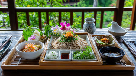 Experience the art of traditional Japanese dining with this beautifully arranged soba noodle dish, featuring fresh vegetables and vibrant garnishes in a serene setting.の素材