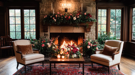 This cozy living room features a stunning fireplace adorned with elegant floral decor, creating a warm and inviting space perfect for relaxation and gatherings.の素材