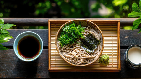 Delight in a visually stunning dish featuring soba noodles garnished with fresh herbs and served with soy sauce in a serene outdoor setting.の素材