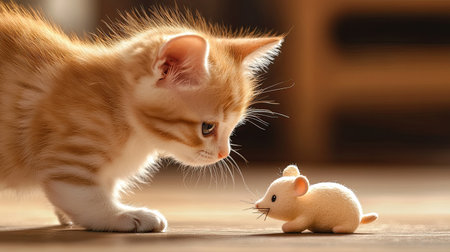A curious ginger cat closely observes a small toy mouse in a warm indoor setting. This playful scene captures the essence of feline curiosity and innocence.の素材