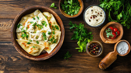 Savory homemade dumplings served with fresh herbs and a variety of delicious sauces. A perfect meal that showcases comfort food and culinary delight.の素材
