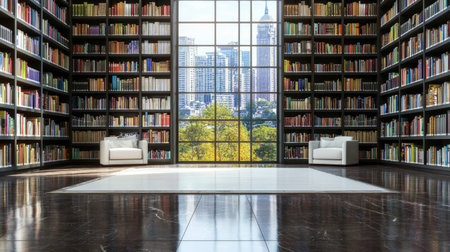 This image features a modern library interior with floor-to-ceiling bookshelves, a scenic city skyline visible through large windows, and cozy seating areas.の素材