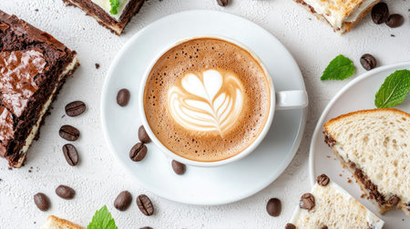 A delightful arrangement featuring a cup of coffee with elegant latte art, surrounded by rich chocolate brownies and slices of fresh bread, perfect for a cozy moment.の素材