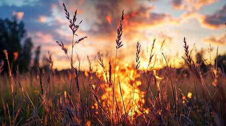 A stunning sunrise paints the sky in vibrant colors while golden grasses sway gently in the foreground, creating a tranquil nature scene filled with warmth.の素材