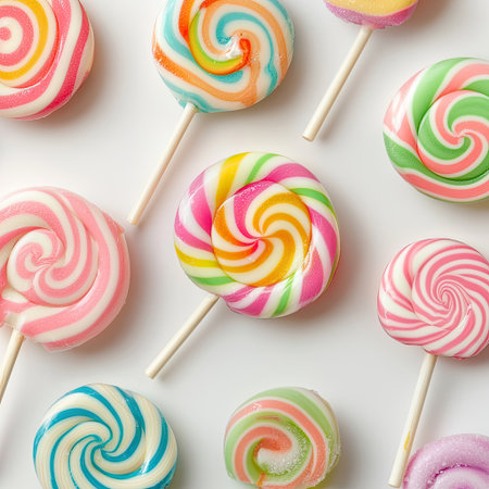 A delightful array of colorful swirled lollipops arranged attractively, perfect for themes of joy and celebration. Suitable for candy and dessert projects.の素材