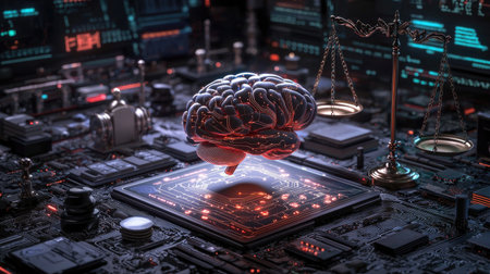 This image represents the fusion of human thought and artificial intelligence, showcasing a brain above a circuit board, symbolizing ethics and justice in technology.の素材