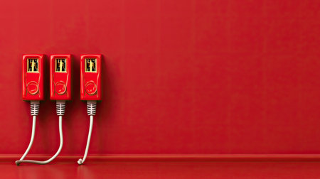 This image features three bright red electrical outlets mounted on a striking solid red wall, highlighting a modern and minimalistic design approach in interiors.の素材