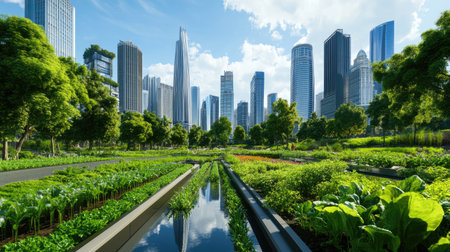 A beautiful urban garden landscape featuring lush greenery and skyscrapers under a bright blue sky, creating a harmonious balance between nature and modern architecture.の素材