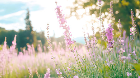 A serene landscape featuring a field of lavender flowers bathed in soft sunset light. This tranquil scene captures the essence of nature's beauty, perfect for relaxation.の素材