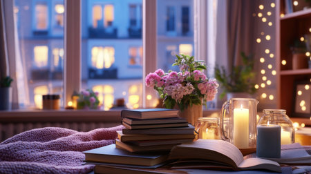 A tranquil reading nook featuring stacked books, vibrant flowers, and glowing candles, capturing the serene ambiance of twilight. Perfect for relaxation.の素材