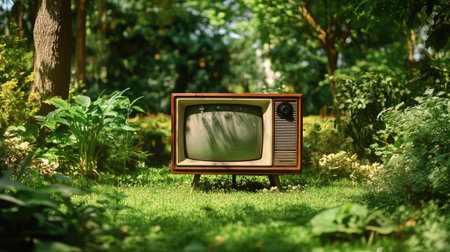 A captivating vintage television set nestled among lush greenery invites viewers to explore the juxtaposition of technology and nature in this serene outdoor scene.の素材