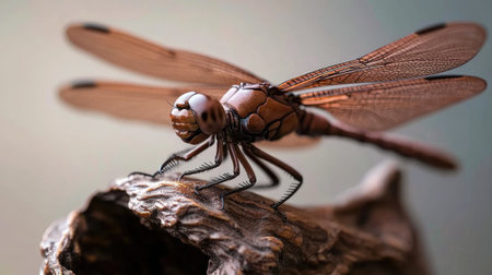 A captivating close-up of a dragonfly resting on a wooden surface, showcasing its intricate details and delicate wings, perfect for nature enthusiasts and photographers.の素材