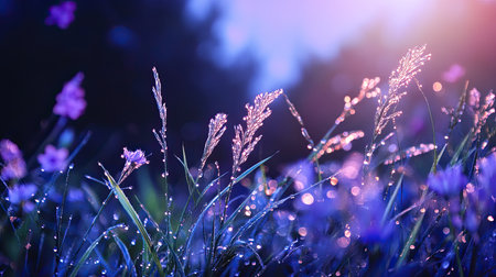 Captivating scene of wildflowers covered in morning dew, illuminated by gentle sunlight. This serene image captures nature's beauty and tranquility, perfect for various themes.の素材
