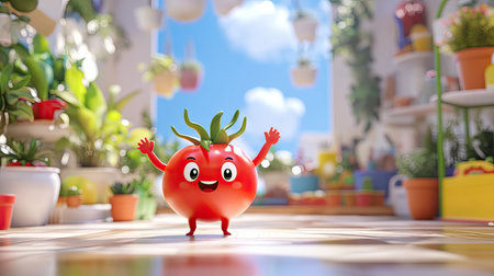A delightful cartoon tomato character beams with joy in a bright indoor garden, surrounded by colorful plants and cheerful decorations, creating a vibrant atmosphere.の素材