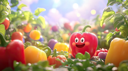 A cheerful red pepper character smiles in a vibrant vegetable garden filled with colorful produce. This playful illustration captures the joy of healthy eating and nature bounty.の素材