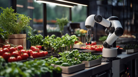 A state-of-the-art robotic arm efficiently assists in an indoor vegetable farming setup, showcasing technology's role in sustainable agriculture and innovative food production.の素材