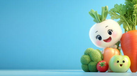 This delightful image features cheerful cartoon vegetables with smiling faces against a bright blue background, perfect for promoting healthy eating and child-friendly themes.の素材