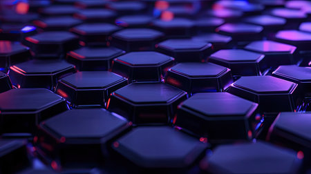 A visually striking abstract hexagonal pattern illuminated by neon lights. This unique design creates a modern and futuristic aesthetic, ideal for technology or digital themes.の素材