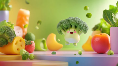 A joyful cartoon broccoli character jumping amidst colorful fruits and vegetables. Ideal for promoting healthy eating and vibrant children's content.の素材