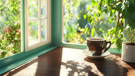 A serene indoor scene featuring a coffee cup on a wooden table by a sunlit window. Lush greenery creates a refreshing and cozy atmosphere, perfect for relaxation.の素材