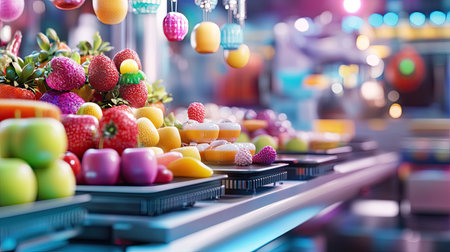 A vibrant and colorful market display featuring an array of fresh fruits and candies. The arrangement showcases a delightful assortment that captures attention.の素材