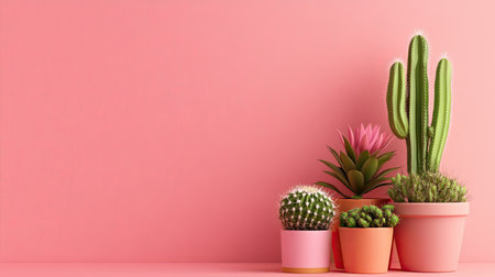 A vibrant arrangement of colorful succulents and cacti in stylish pots against a soft pink background, perfect for home and garden decoration.の素材