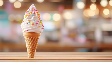 A charming ice cream cone topped with fluffy white cream and colorful sprinkles, set against a soft blurred background, perfect for summer cravings.の素材
