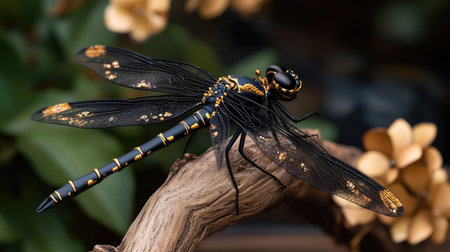 A stunning close-up of a black and gold dragonfly perched gracefully on a wooden branch, showcasing intricate wing patterns and vibrant colors against a soft natural backdrop.の素材
