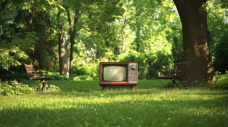 A charming vintage television set stands alone in a lush green park, surrounded by inviting benches, creating a nostalgic scene that captures tranquility and leisure in nature.の素材