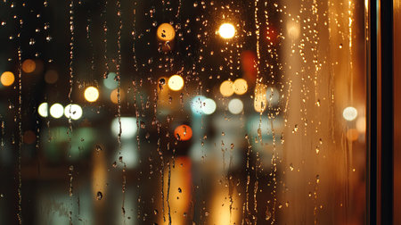 A close-up view of a rainy window featuring shimmering droplets, creating a beautiful bokeh effect with blurred city lights at night, evoking a cozy and tranquil atmosphere.の素材