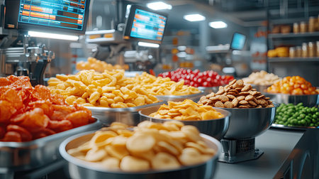 A vibrant array of snacks and sweets showcases a modern food market. Colorful bowls overflow with treats, inviting shoppers to explore tempting choices.の素材