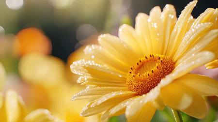 A bright yellow flower adorned with dew drops captures the essence of spring. The soft focus background enhances its vibrant beauty, showcasing nature's elegance.の素材