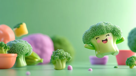 A joyful cartoon broccoli character leaps in a vibrant, colorful garden filled with fresh vegetables, embodying fun and nutrition in a delightful scene.の素材